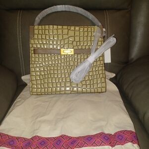 Tory Burch Elegant Tan Crocodile Pattern Handbag